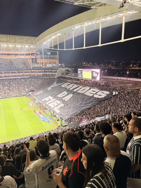 Corinthians supporters around a giant banner at Neo Quimica Arena
