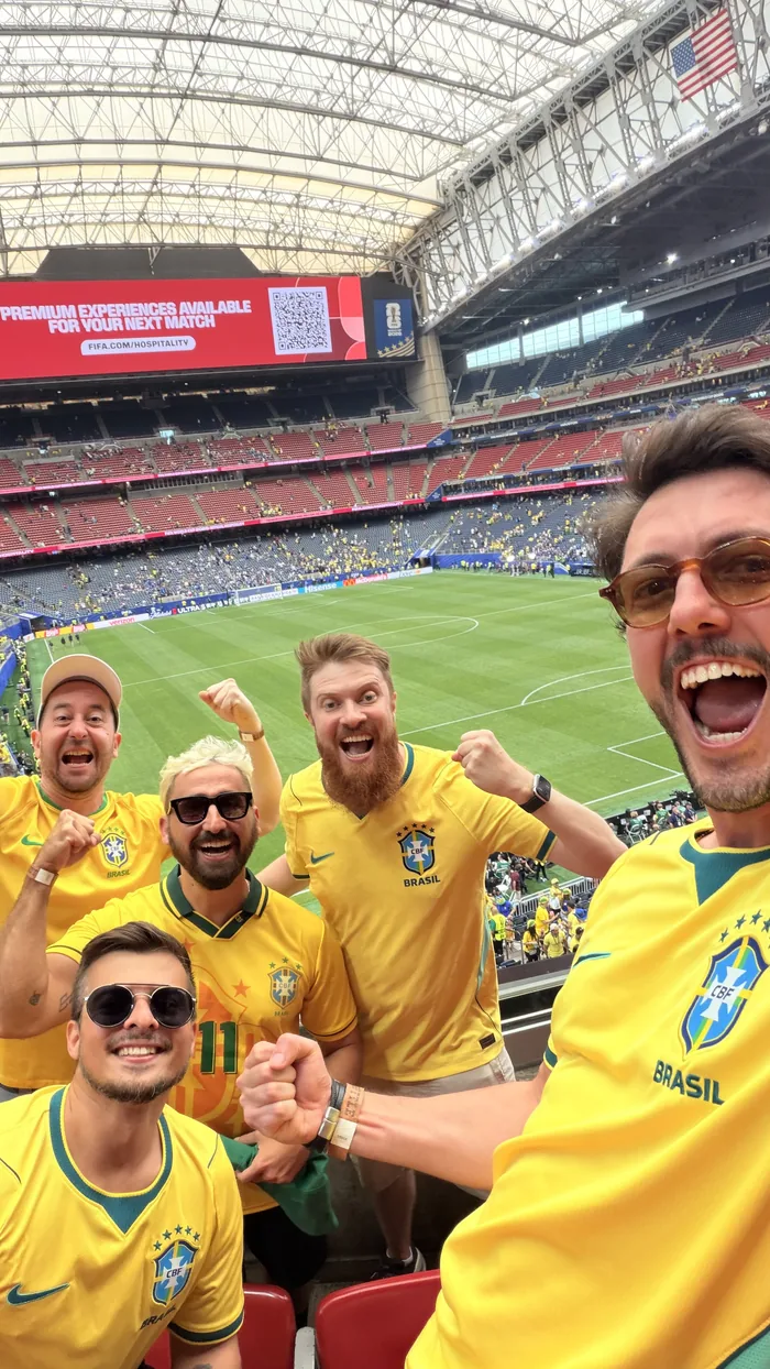 Augusto and friends at a Brazil match during the 2026 World Cup